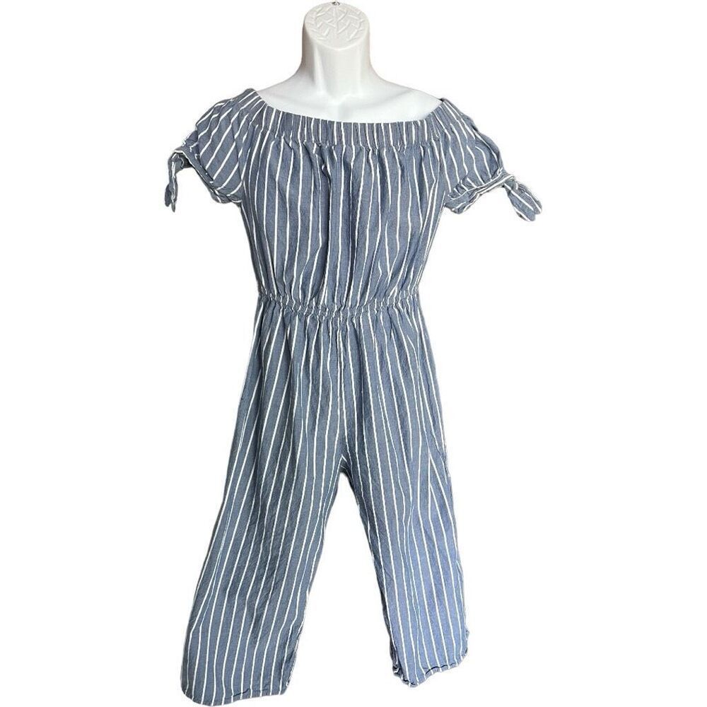 Womens Hint of Blush Pinstripe Off Shoulder Chambray Jumpsuit Romper - Sz L